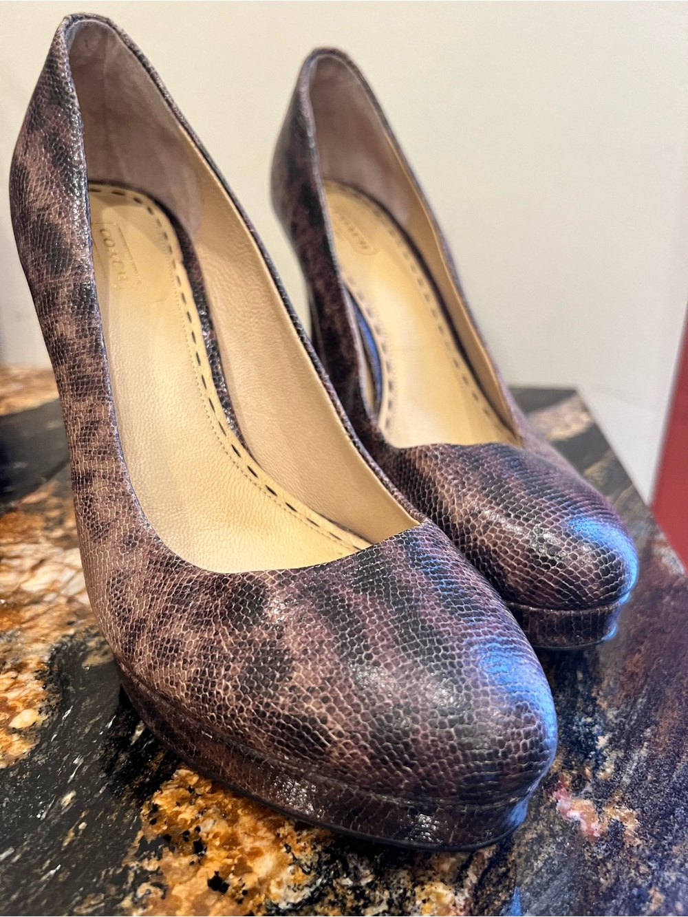 Coach Brown Snakeskin-Print Platform Pumps